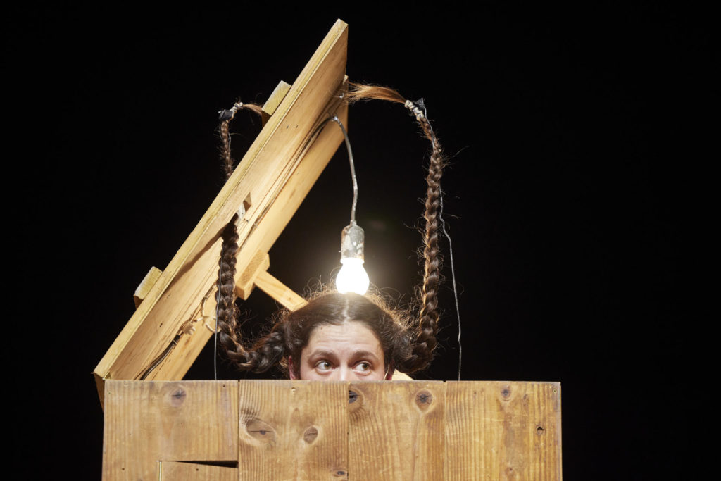 Annina Mosimann est dans une boîte en bois. Elle sort sa tête de cette boîte, jusqu'à la moitié de son visage. Ses cheveux, tressés en deux nattes, se dressent au-dessus de sa tête. Une grosse ampoule pend du couvercle de la boîte juste au-dessus de sa tête.