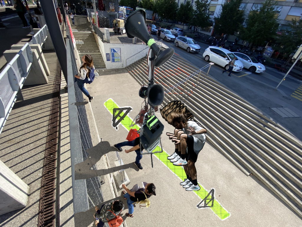 Montage qui montre Ametonyo Silva aux abords de la gare de Nyon en train de performer. Le montage mélange photographie et illustration.