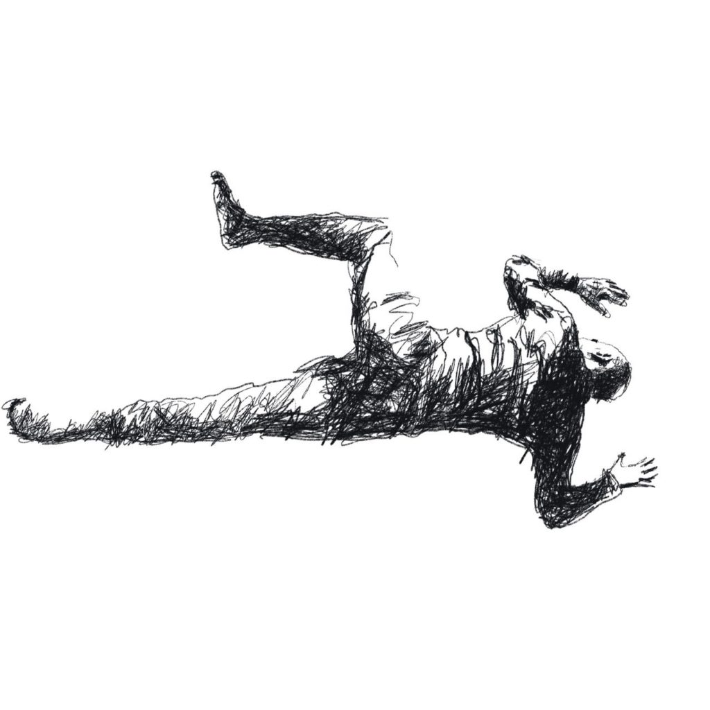 Black and white illustration of a man lying face down on the ground.