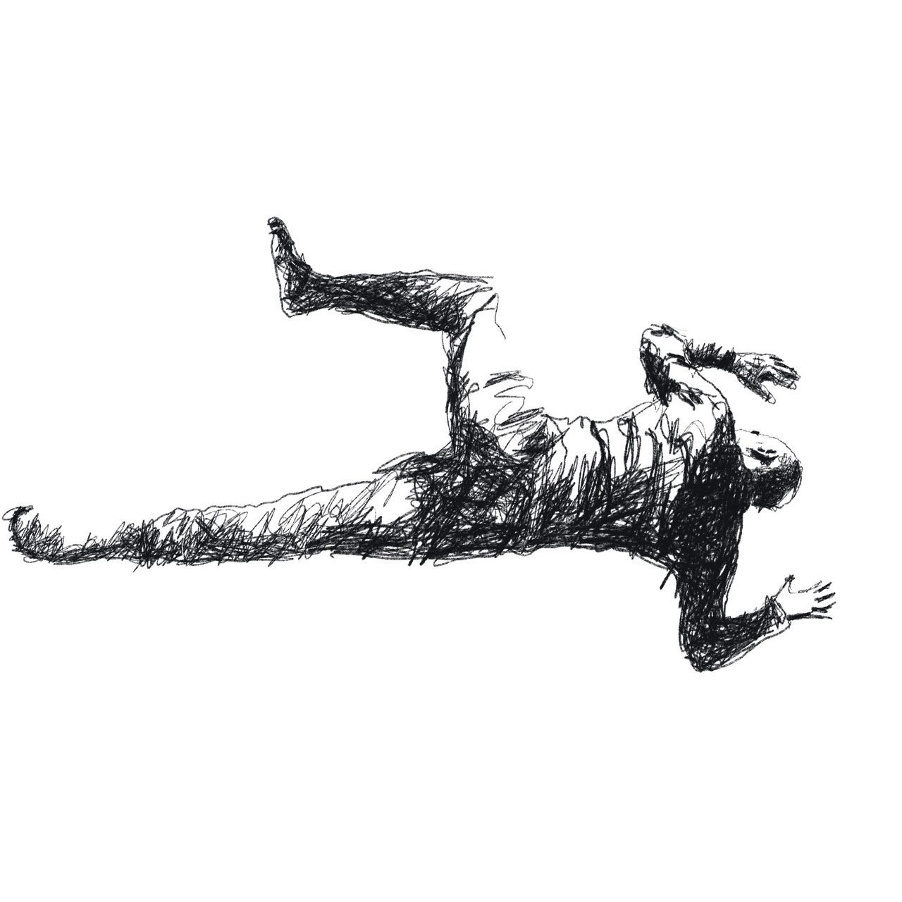Black and white illustration of a man lying face down on the ground.